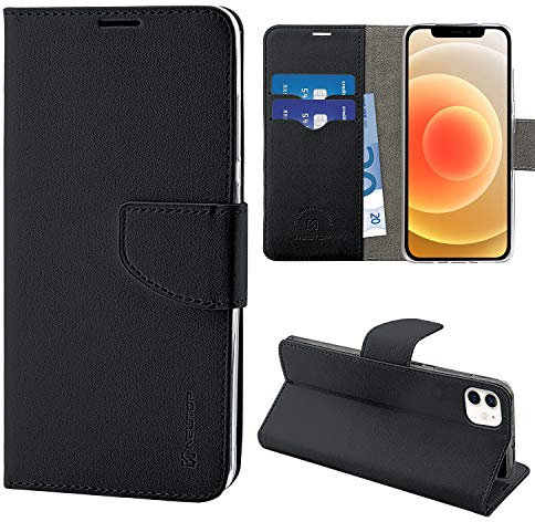 N NEWTOP Cover Compatibile con Apple iPhone 12 Mini, HQ Lateral Custodia Libro Flip Chiusura Magnetica Portafoglio Simil Pelle Stand (Nero)