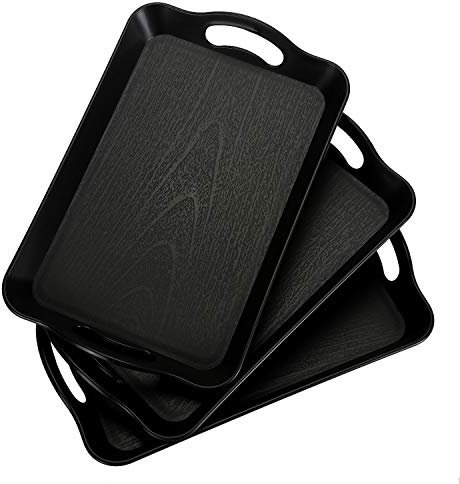 Cedilis Paquete de 3 bandejas negras para servir con asas, bandeja de plástico rectangular antideslizante multiusos de 40,6 x 3,5 cm para restaurante, fiestas, mesa de café, cocina
