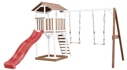 AXI Beach Tower Spielturm aus Holz in Braun & Weiß | Spielhaus für Kinder mit roter Rutsche, Doppelschaukel und Sandkasten | Stelzenhaus für den Garten.