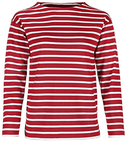 modAS Damen Shirt Bretonisches Damenshirt mit U-Boot Ausschnitt - Ringelshirt Streifenshirt Langarmshirt mit Streifen aus Baumwolle in Rot/Weiß in Größe 36