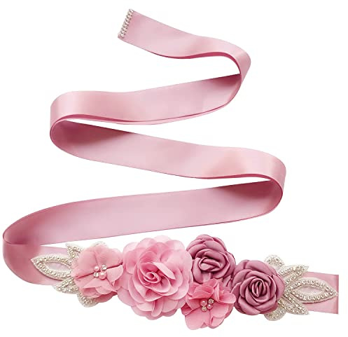 Huralona Schärpe Gürtel 106 Zoll Satinband mit Handgemachten Blumen Perlen Strass Elegant für Hochzeit Brautkleid Mutterschaft, rosa - dusty pink,