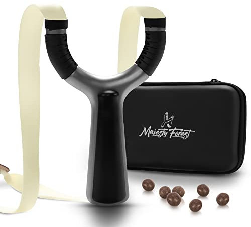 MAJESTY FOREST® Profi Steinschleuder Set „Hunter“ - Schleuder Zwille für Sport und Outdoor - Slingshot Bundle mit Tasche, Tonkugeln, Starke Gummibänder und E-Book