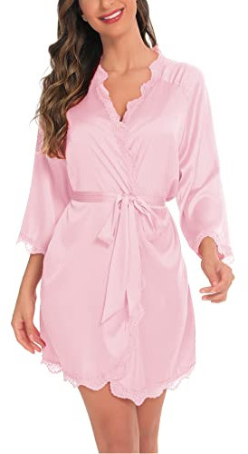 Aranmei Robe de Chambre Femme Peignoir Satin Chemise de Nuit Léger Col V Oblique Bordure en Dentelle Mariée de Demoiselle D'honneur Soie Peignoir Kimono,Rose Clair,M