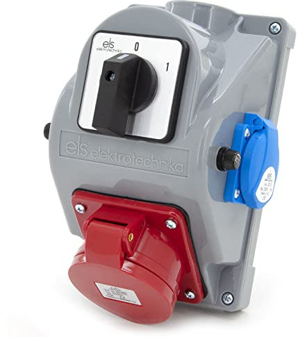 ELS Elektrotechnika Kombi Wandsteckdose mit 2x 230V Schuko + 1x CEE 32A und Schalter 0-1 in einem Gehäuse. Doppelsteckdose Wandose für Outdoor-Bereich & Baustelle, Fabriken, Werkstätten, IP44.