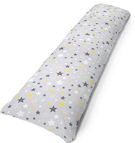 Amilian Seitenschläferkissen inkl. Füllung und Bezug: 150cm x 40cm, Stillkissen, Schwangerschaftskissen, Lagerungskissen Baby und Erwachsene, Pregnancy Pillow: Sternchen Gold auf Grau