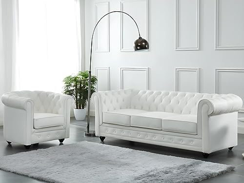 Venta-unica - 3-Sitzer-Sofa und Sessel aus Büffelleder Chesterfield - Weiß