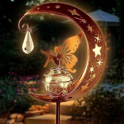 BomKra Solar Garden Ornaments Outdoor Fairy Solar Light Moon Star Crackle Glass Ball Stake Metal Lights Decorative Waterproof Warm White LED for Garden Pathway Lawn Patio Grave (A)