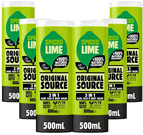 Original Source Mens 3in1 Spiced Lime Shower Gel, 100 Percent Natural Fragrance, Vegan, Cruelty Free, Paraben Free, Bulk Buy, Pack of 6 x 500 ml