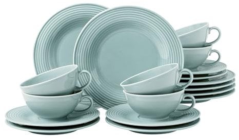 Seltmann Weiden Beat Color Glaze Teeservice 18-teilig | Brotteller (17 cm), Teetassen (140 ml) und Teeuntertassen (14 cm) für 6 Personen | Geschirr mit Rillenrelief | Porzellan | Arktisblau