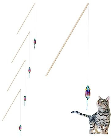Relaxdays Katzenangel mit Maus, 5er Set, interaktives Katzenspielzeug, 106 cm lang, Beschäftigung Katzen & Kitten, bunt