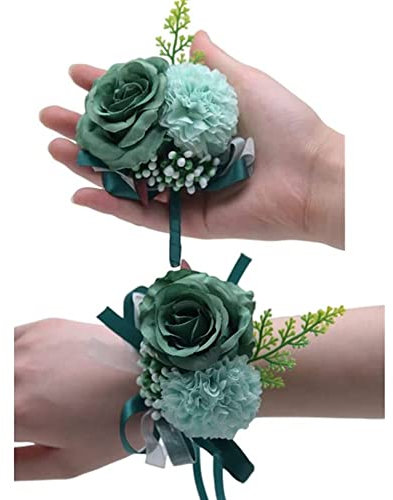 2 x Rosenblumen-Handgelenk-Ansteckblumen, Knopflochloch-Set, Boutonniere für Herren, Hochzeit, weiße Rose, Corsage, Armband für Frauen, Braut, Brautjungfer, Handgelenk, (dunkelgrün)
