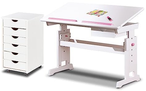 KHG Schreibtisch-Set weiß mit Rollcontainer Kiefer Echtholz 6-Fach höhenverstellbar mit neigbarer Tischplatte 109 x 96 x 55 cm