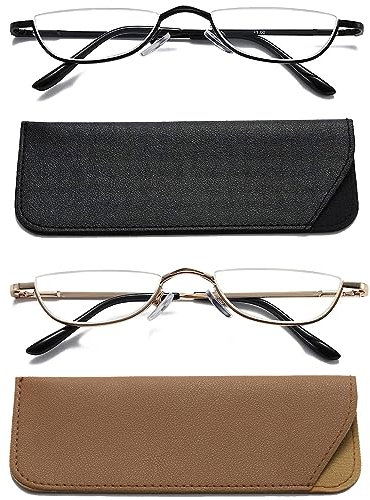 Hubeye 2 Pairs Half Moon Reading Glasses for Women and Men Metal Slim Half Frame Lens Ultra Thin Readers with Spring Hinges and Leather case 3.00