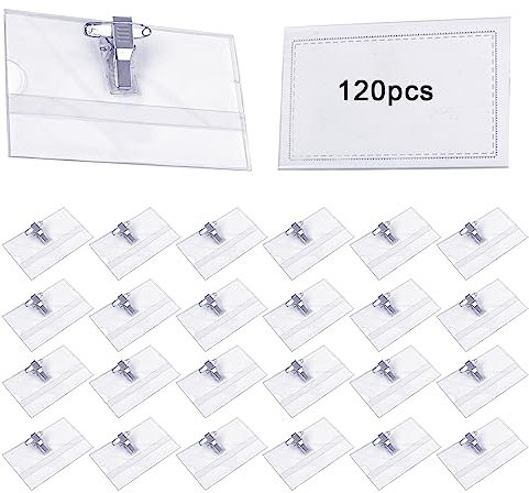 Sporgo 120 Stück Namensschilder mit Kombiklemme: 90 * 56mm Namensschilder für Kleidung Clip, Transparent Namensschild PVC Material Namensschilder mit Halter Clip und Sicherheitsnadel