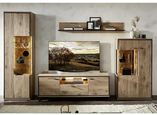 Lomadox Wohnwand TV-Wand inkl. Beleuchtung braun 4-teilig Modern, 1 Vitrine, 1 Highboard, 1 Wandboard, 1 Lowboard