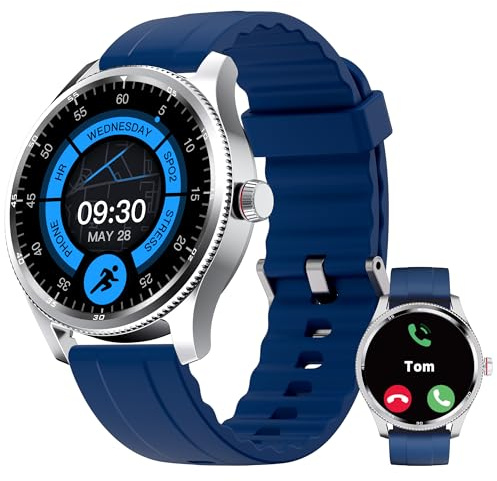 TOOBUR Montre Connectée Homme Femme Lunette Métal avec Podomètre, Smartwatch 100 Sports, Répondre Passer Appel et Cardiofrequencemetre, Étanche IP68 pour Natation, Bleu