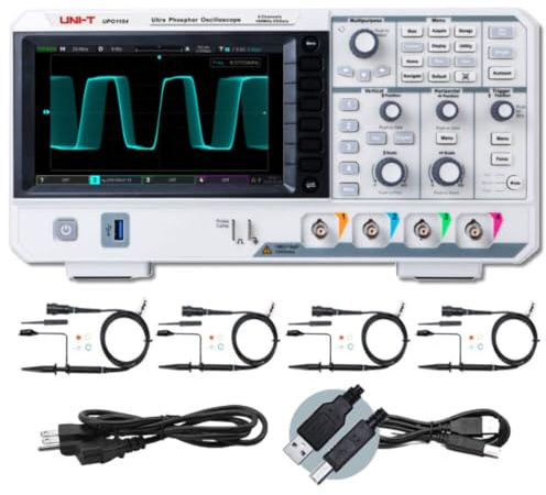 UNI-T Osciloscopio digital DSO Ultra Phosphor UPO1104, 100 MHz, 4 canales, 2 GSa/s, 56 Mpts, profundidad de memoria, 500.000 wfm/s, pantalla de 7 pulgadas, adquiere rápidamente puntos FFT de 1 Mpts