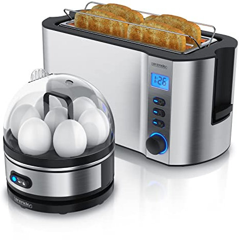 arendo Set Ensembles Grille-Pain MANHA et cuiseur à Oeufs SEVENCOOK INOX Gris, Toaster 4 tranches écran LED 6 degrés de brunissage Support viennoiserie Cuiseur à Oeufs 1-7 Oeufs Verre doseur