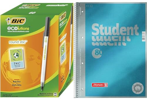 BIC Kugelschreiber ECOlutions Round Stic, in Schwarz & Brunnen 1067147 Notizblock/Collegeblock Dotted Premium Deckblatt, 5 Stück cyan-metallic