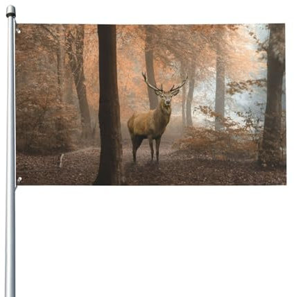 90 x 60 cm (3 x 2 Fuß) rote Hirsche im nebligen Herbst, Waldflagge für Haus, Rasen, hängende Dekoration, Hofbanner, Urlaub, Willkommensflaggen mit 2 Metallösen, für drinnen und draußen