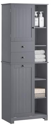 SoBuy Colonne Salle de Bain avec Panier à Linge Meuble Rangement Haut Armoire de Rangement avec 6 Étagères et 2 Tiroirs Meuble Salle de Bain avec Panier Gris 60x37x171 cm BZR104-DG
