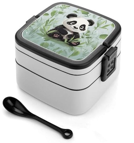 GFLFMXZW Panda Bento Box Adult Lunch Box All-in-One Lunch Containers with Removable Compartments Double Layer Bento Lunch Box with Spoon And Handle Stackable Lunchbox