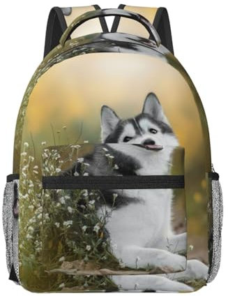 SDFCUMDM Bequemer Studentenrucksack mit niedlichem Husky-Motiv, bequemer Studentenrucksack für Schule, Arbeit und Outdoor-Aktivitäten, Schwarz , Einheitsgröße