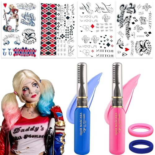 Halloween Autocollants de Tatouage Kit avec 2 Coloration Temporaire pour Cheveux Lavable et 2 Élastiques à Cheveux pour Les Fêtes, Halloween Cosplay et Le Maquillage
