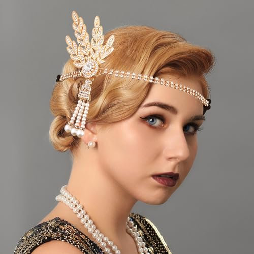 Fashband Stirnband im Stil der 1920er Jahre, Flapper-Stirnbänder, goldfarben, Vintage-Strass, Kostüm-Haar-Accessoires für Frauen