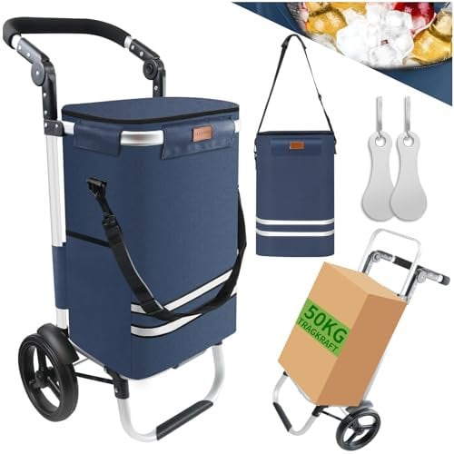 Allyson Einkaufstrolley klappbar mit 56L Kapazität ，3in1 Trolley Sackkarre & Umhängetasche，Einkaufstrolley mit Reflektoren | inkl. Kühlfach & Einkaufswagenchip (Denim)