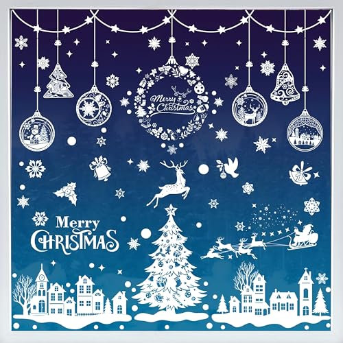 AhfuLife Fensterbilder Weihnachten, 244 Stück Fenstersticker Weihnachten Selbstklebend, Wiederverwendbar Doppelseitig Weihnachten Schneeflocken Rentier Fensterdeko für Xmas Party Weihnachtsdeko