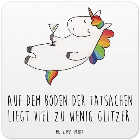 Mr. & Mrs. Panda 6er Set Untersetzer Set Einhorn Cocktail - Geschenk, Design Untersetzer für Gläser, Filzuntersetzer rund, Glitzer, Rum, Einhörner,