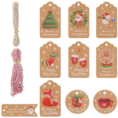 GEEHUA Lot de 100 feuilles d'étiquettes « Merry Christmas », 100 étiquettes de vacances vintage avec ficelle pour emballage de cadeaux de Noël, fournitures de fête de Noël, 23,4 x 13,5 cm