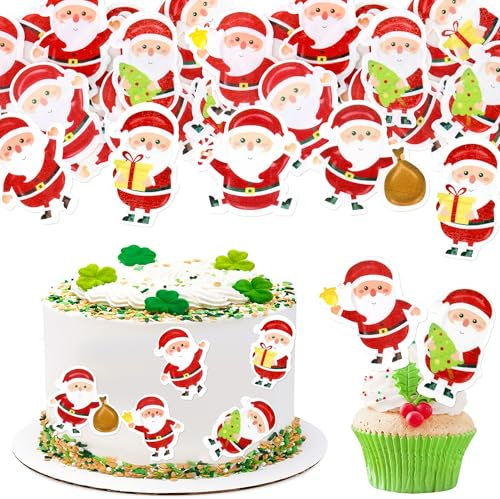 Blumomon 48 Stück Essbare Frohe Weihnachten Cupcake Topper Essbare Weihnachtsmann Kuchen Dekor Kuchendeckel Weihnachten Thema Party Dekoration Zubehör