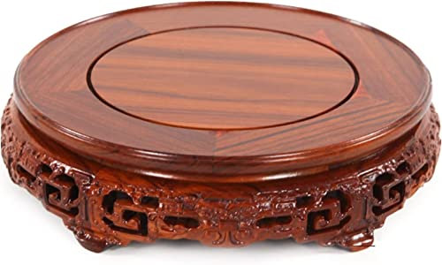 Runder Holzständer für Vasenbasis mit chinesischen Schnitzereien, kleiner Pflanzenhalter, Buddha-Statue, Sockel, Bonsai-Ornament, Pflanzenpalette, Bodenhalterung, orientalische Möbel für