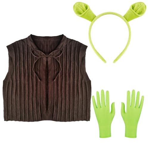 Monster Ohren Haarreif Damen Herren Braune Weste Grüne Kurze Handschuhe Monster Grün Oger Kostüm-Zubehör Haarschmuck Haarreif Fasching Karneval Erwachsene Kinder Cosplay Accessoires