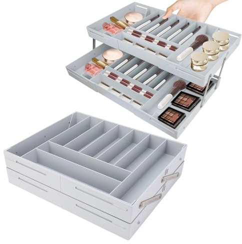 Masyrt Organizadores de Cajones,Bandejas Plegables para Organizar Maquillaje,organizador de escritorio extensible de varios niveles,Adecuado para el hogar y la oficina(gris)