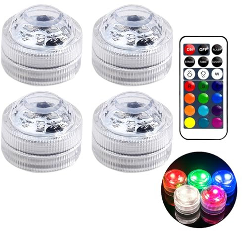 Doukesh Mini Luces LED Sumergibles con Control Remoto,Luces Sumergibles,Piscina Luz LED Impermeable,Luz de Iluminación de Piscina para Decoración Acuario,Estanque,Bodas,4 Piezas