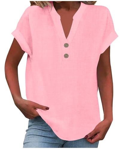Women's Summer Cotton Linen Cap Sleeve T-Shirt Button Down V-Neck Loose Tunic Tops Fashionable Baggy Solid Color Plain Casual Shirts Trendy Lounge Blouses