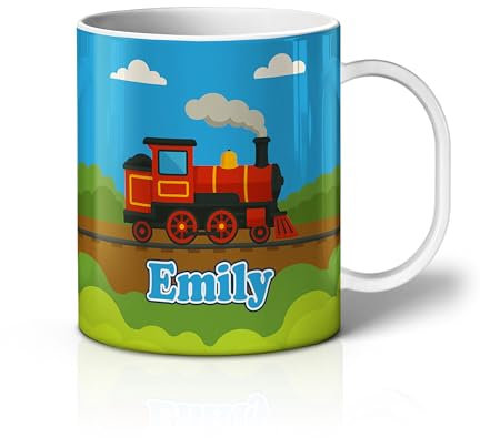 iCaseDesigner Personalised Children's Mug - Unbreakable Lightweight Polymer - Add Your Own Name - Vehicle Theme - Steam Train