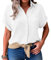 Chemisier Femme Manches Courtes Col V Boutons et Poches Chemise Gaze de Coton Blouse Femme Chic et élégant Tunique Lin Grande Taille Lâche Respirant Haut Ete, Blanc, XL