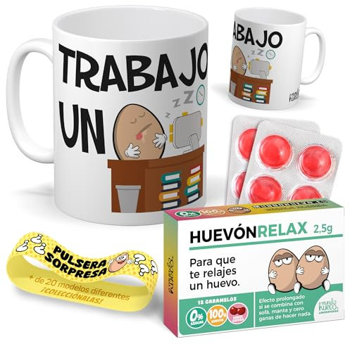 Kit regalo personalizado para trabajo | Taza Trabajo un huevo + Caramelos divertidos + Pulsera sorpresa | Regalo divertido, original y único para compañeros, cumpleaños, navidad.