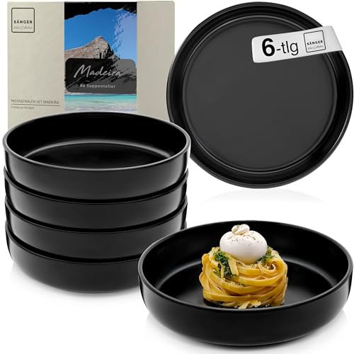Sänger Madeira | Pastaschalen 6 teilig, Steingut Pastaschalen 6 Personen spülmaschinen- mikrowellen- kratzfest, Schüsseln aus Steingut, tiefe Teller matt schwarz 880 ml | VALUE COLLECTION