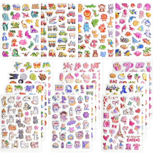 Meafeng 3D Aufkleber für Kinder Kleinkinder, 16 Blatt Cartoon 3D Aufkleber, Puffy Geschwollene Sticker für Jungen Mädchen, Geschenke für Partys und Feiern