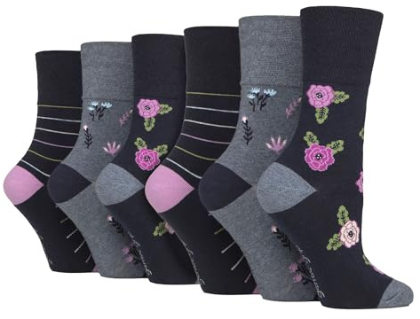 SOCK SHOP GENTLE GRIP - 6 Pairs Ladies Cotton Socks | Patterned Soft Non-Binding Everyday Socks