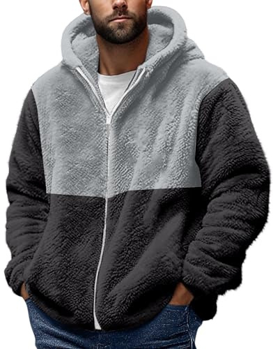 Fleece Jacket Mens Full Zip,Fuzzy Sherpa Fleece Jacket for Men Fluffy Hoodies Jumpers Long Sleeve Comfy Hooded Warm Winter Jacket Faux Fur Coat Outdoor Work Outerwear Plus Size 8-20