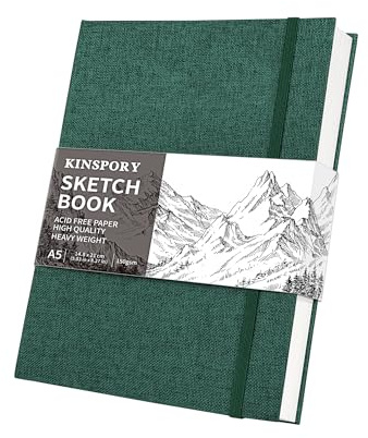 KINSPORY Hardcover Stoff-Skizzenbuch, Zeichenblock, A5, 150 g/m², 50 Blatt | Perforiertes Skizzenpapier, Skizzenblock, Malblock, Reise-Zeichenblock für Künstler, Erwachsene - 14,8 × 21 cm