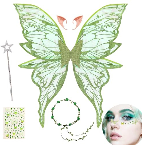 HuaMuDM Alas de Hadas para Adultos,Alas de Mariposa, Elf Ears,Varita Mágica | Flower Wreath,Pegatinas,Halloween,Navidad,Carnaval