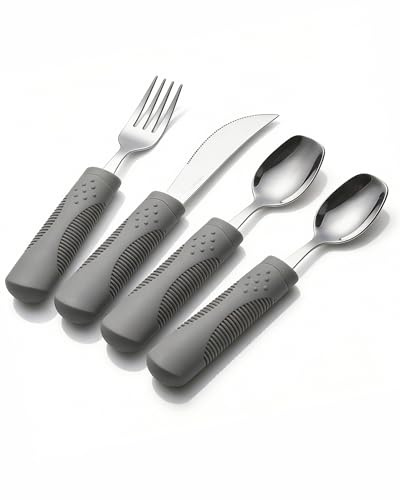 Curavita Set Posate Adattive Pesate 71g Moderatamente Pesate per Tremore alle Mani Parkinson – Coltello a Dondolo, Cucchiaio Pala, Impugnatura Ergonomica (Grigio)