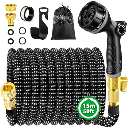 WEVOL Manguera Jardin Extensible 15M, Manguera Extensible con Conectores de 1/2 3/4 y Soporte de Pared, Mangeras Jardineria con 10 Funciones Pistola para Jardín, Lavar la Mascota, Lavado de Coche